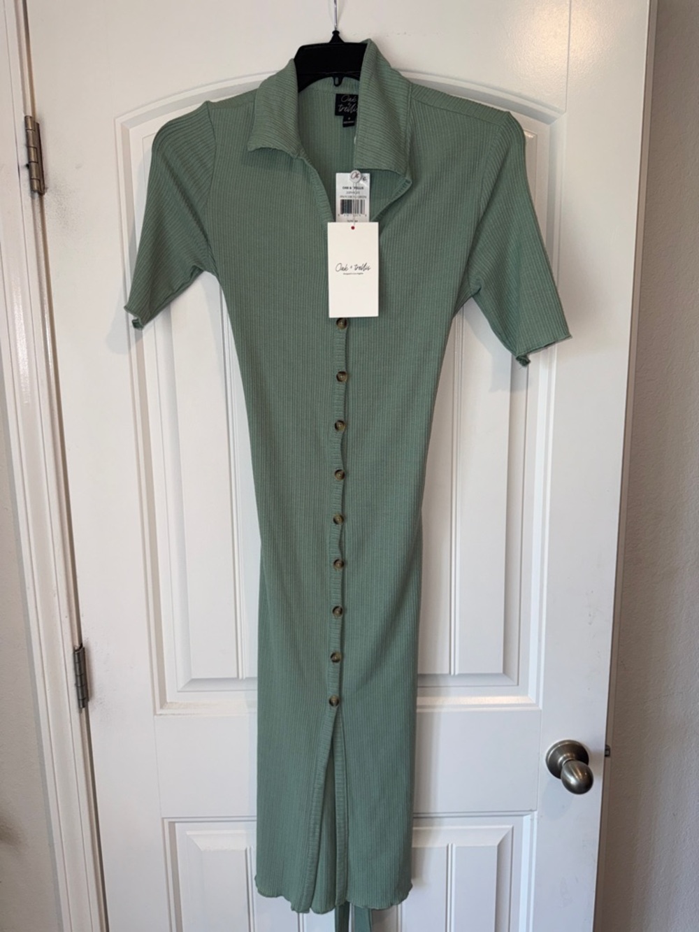 Collared Ribbed Button-Front Midi Dress in Sage Green